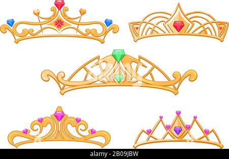 Vector princess crowns, tiaras with gems cartoon set. Luxury royal crown with precious stone, illustration of fashion golden crowns Stock Vector