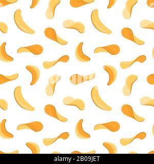 Salty crispy potato chips snacks vector seamless background. Vintage pattern with thin chips, illustration of potato chip Stock Vector