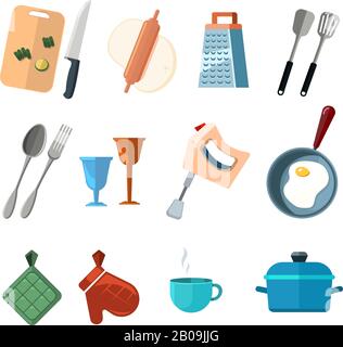 Vintage kitchen tools, home cooking vector icons. Set of tools for cooking fork and spoon, illustration of cocooking elements Stock Vector