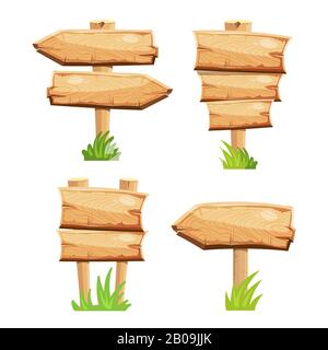 Old wooden blank cartoon sign boards in green grass isolated. Wood board with grass illustration Stock Vector
