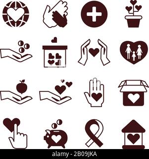 Charity hands, care and protection, fundraising service, donation, nonprofit organization, affection vector icons. Donate money and humanitarian, love and support donate illustration Stock Vector
