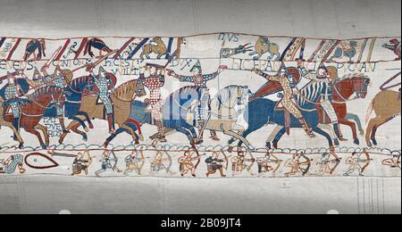 Bayeux Tapestry scene 55: Duke William raises his visor to show that a ...