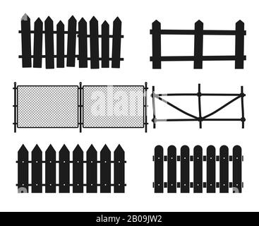 Rural wooden fences, pickets vector silhouettes. Wood design straight fence illustration Stock Vector