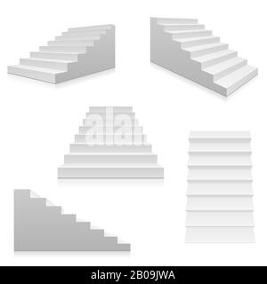 White stairs, 3d interior staircases isolated on white. Vector steps collection. Staircase for interior illustration isolated on white background Stock Vector
