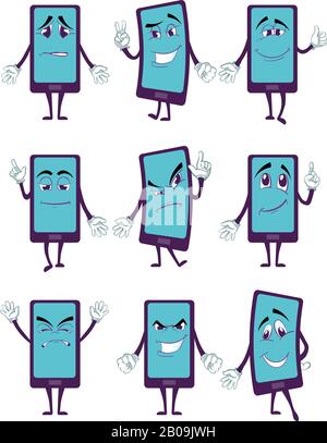 Happy smartphone cartoon character with legs and hands in various poses vector set. Mobile cell phone with happy face, device phone for communication illustration Stock Vector