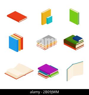 Isometric books, encyclopedia, dictionary, novel, document vector symbols. Color books for education, illustration of stack paper books Stock Vector