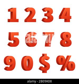 Red 3d numbers vector signs. Red figure numbers, illustration of order number and symbol dollar and percentage Stock Vector