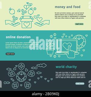 Charity, family help, donate life, nonprofit organization, humanitarian vector banners set. Donation money and food, charity and online donation illustration Stock Vector