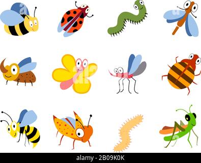 Funny insects, cute cartoon bugs vector set. Colored insects bee butterfly and ladybird, collection of cute insects Stock Vector