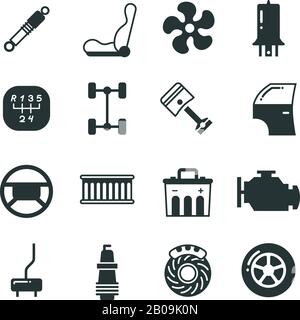 Car parts, mechanic vector icons set. Components and spare parts for car, illustration of parts for auto in black Stock Vector