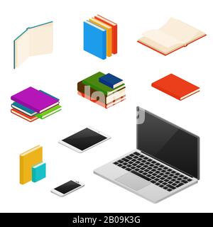Isometric library, educational equipment, books, computers and devices. Equipment for learning and studying, illustration of reading device Stock Vector