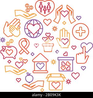 Charity, care, help vector concept, nonprofit and volunteer logo. Round badge for donation organization, illustration of hand giving donation Stock Vector