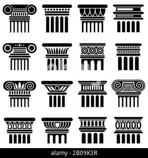 Ancient rome architecture column vector icons. Black silhouette column, old classical greek column illustration Stock Vector