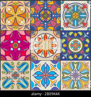 Vector patchwork seamless wall tile pattern, ceramic mexican tiles. Traditional mosaic tile for floor or wall, illustration of floral tiles Stock Vector