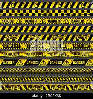 Crime accident scene caution, warning police vector grungy yellow and black tapes. Riibon stop line, illustration set of ribbons for area barriers Stock Vector
