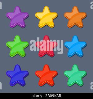 Vector cartoon color glossy stars, shiny buttons. Set of star for ui, illustration of stars for design game interface Stock Vector