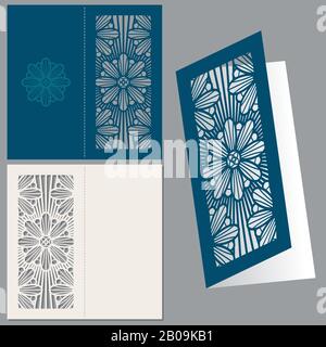 Vintage wedding invitation postcard envelope vector design. Template for invitation with pattern, illustration of cut pattern on card Stock Vector