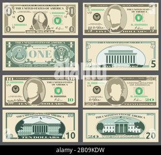 Dollar banknotes, us currency money bills vector set. Templates of banknotes, illustration of american banknotes pattern Stock Vector