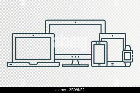 Responsive design for web - computer screen, laptop, smartphone, tablet, smartwatch icons set. Stock Vector