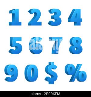 Blue 3d school numbers vector set. Typeface mathematics numbers, illustration of school numbers sign Stock Vector