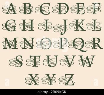 Vintage filigree decorative monograms with capital letters in renaissance victorian style. Vector alphabet with decoration element, illustration of calligraphy alphabet Stock Vector