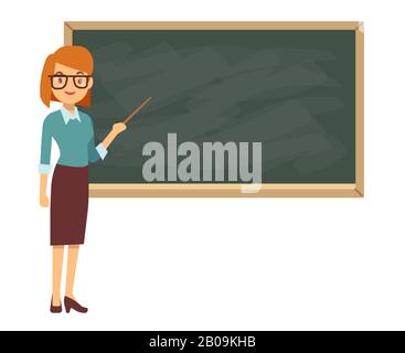 Young female teacher on lesson at blackboard in classroom. Teacher with pointer, teacher showing on board. Vector illustration Stock Vector