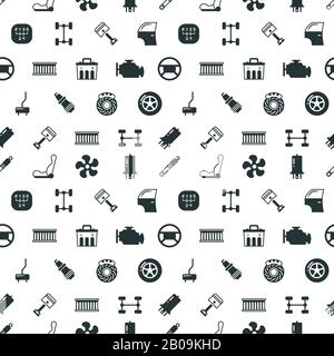 Car spare parts vector seamless pattern with automobile spare part spark and steering wheel, illustration of black silhouette car parts Stock Vector