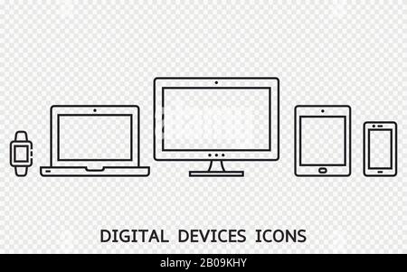 Responsive web design icons. Monitor, laptop, tablet pc, smartphone, smart watch. Isolated on transparent background Stock Vector