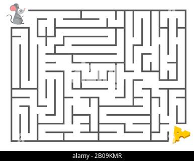 Cute mouse searching cheese. Kids maze puzzle, labyrinth vector illustration. Game labyrinth for development of thinking mental, mouse in labyrinth Stock Vector