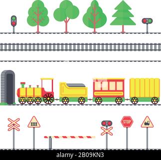 Cartoon toy passenger train, kids railroad, railway signs and semaphores. Toy train locomotive with wagons, illustration of element tree and train for railroad Stock Vector