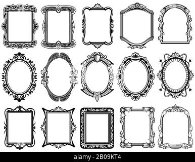 Round, oval, rectangular vintage victorian, baroque vector frames. Set of floral elegant frames illustration Stock Vector