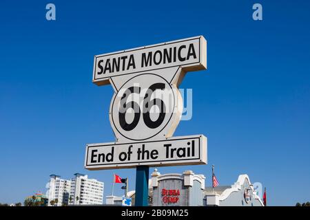 End of the trail, Route 66, sign post on the pier, Los Angeles, Santa Monica, California, United States of America Stock Photo