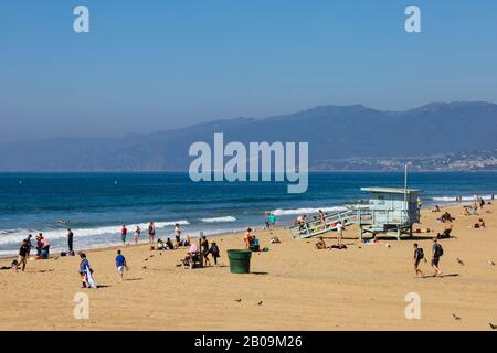 Tourists on Santa Monica beach, Los Angeles, California, United States of America Stock Photo
