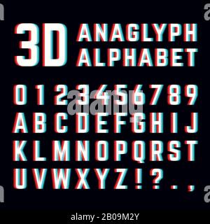 Stereoscopic distortion, 3d anaglyph font alphabet letters. Alphabet distorted digital. Vector illustration Stock Vector