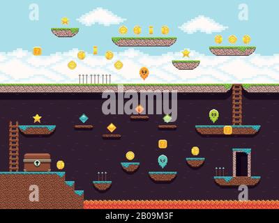 Retro platformer video game, vector gaming screen. Computer pixel game interface, illustration of platformer for vintage game Stock Vector