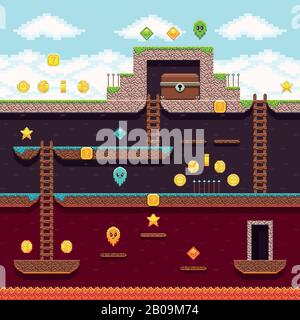 Computer 8 bit pixel video game. Platform and arcade game vector design. Game with layer and stairs illustration Stock Vector