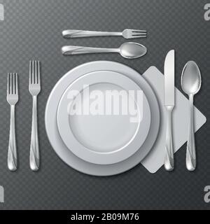 Realistic empty round plate, porcelain dish, steel fork, spoon and knife on table vector illustration. Table service etiquette plate with forks and spoons Stock Vector