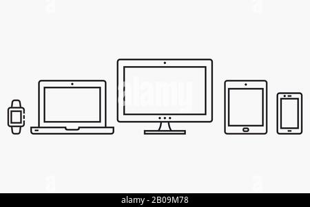 Set of digital devices icons. Vector illustration of responsive web design. Mobile phone, tablet, laptop, desktop computer. Stock Vector