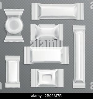 White empty bar polyethylene wrapper packaging, isolated candy package vector set. Polyethylene package for food illustration Stock Vector