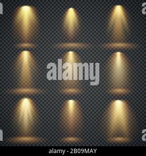 Sunlight glowing, yellow lights glow vector effects. Set of illuminated shine beam, illustration of bright glow beam light Stock Vector