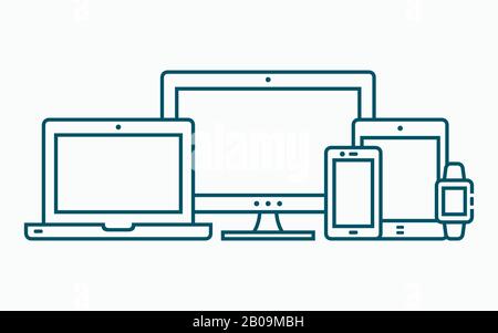 Vector linear illustration of devices for responsive web programming. Computer, laptop, tablet, phone and smartwatch in outline flat style Stock Vector