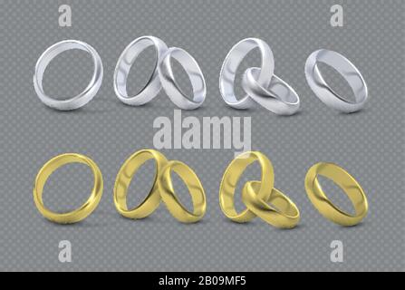 Vector luxury silver and gold wedding, marriage rings isolated on transparent checkered background. Golden ring to wedding, illustration of silver luxury rings Stock Vector