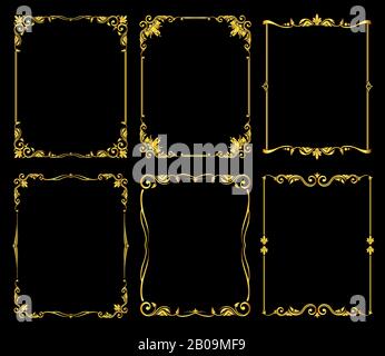 Ornate golden vector frames set over black background. Decoration frame design illustration Stock Vector