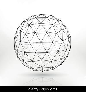 Wireframe polygonal sphere, network lines abstract fractal vector design. Sphere polygon structure, illustration of polygonal sphere Stock Vector