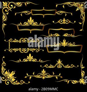 Golden ornate vector frames, borders and corner elements set. Frame floral element illustration Stock Vector