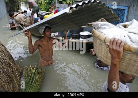 A man covers his head with a tin roof.Migration never happens during flood, it happens when river erosion starts. But in Sirajganj, a northern district of the country river erosion and flood come together. Most of the northern district is under threat of flood. People have to move their homes with their belongings and take shelter on the highland. Continuous increase in water level causes inundation of river beds and marooning thousands of people. Sirajgonj, Bangladesh. July 30, 2007. Stock Photo