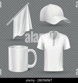 Promotional items, vector set mockup. Promotional accessory group flag cap and cup, illustration promotional corporate t-shirt Stock Vector