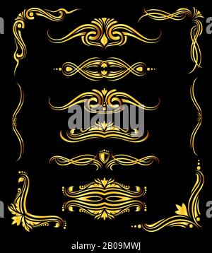 Golden ornate vector borders and corner elements over black. Template of abstract decor elements illustration Stock Vector