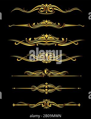 Vector golden ornate borders set black background. Decorative elements frame for page illustration Stock Vector