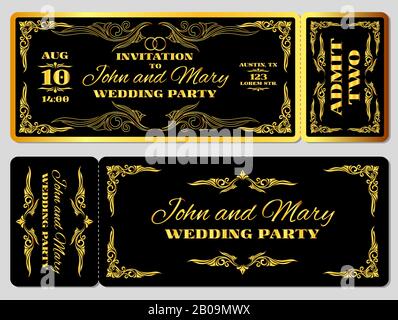 Wedding party invitation template in golden black. Banner with golden elegant frame illustration Stock Vector